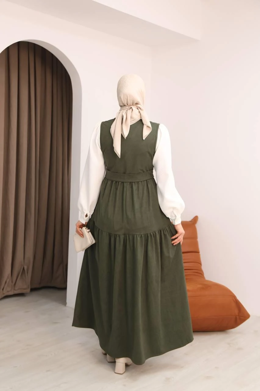 LF5035 Star Süet Gömlek & Elbise Takımı – Kemerli, Cepli, V Yaka Tesettür Kombin