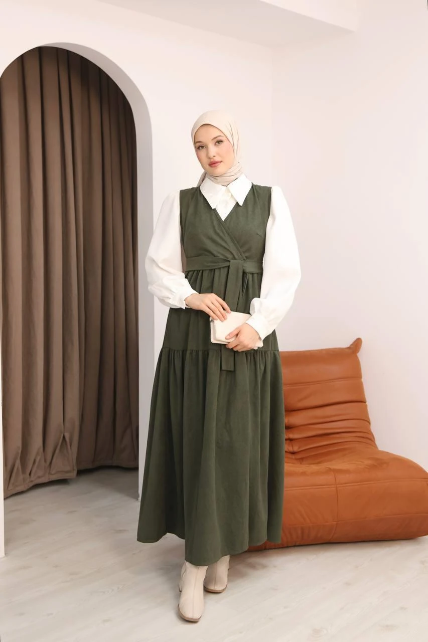 LF5035 Star Süet Gömlek & Elbise Takımı – Kemerli, Cepli, V Yaka Tesettür Kombin