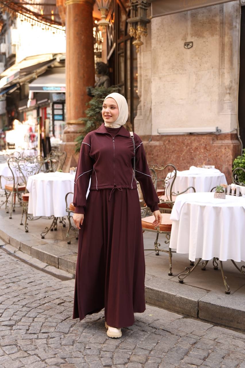 LF5001 Tesettür Spor Elbise Takım – Fermuarlı Ceketli Rahat Kombin | İki İplik Kumaş