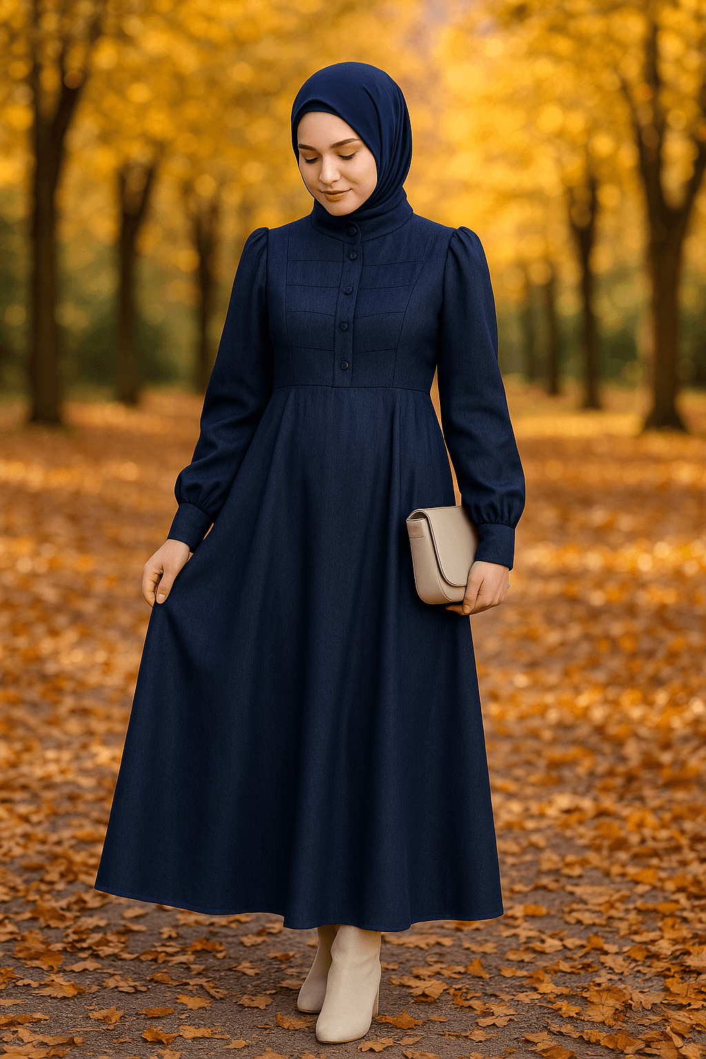 LF5004 Arwen Kumaş Tesettür Elbise – 2026 Yeni Sezonun Zarif ve Modern Seçimi - Lacivert