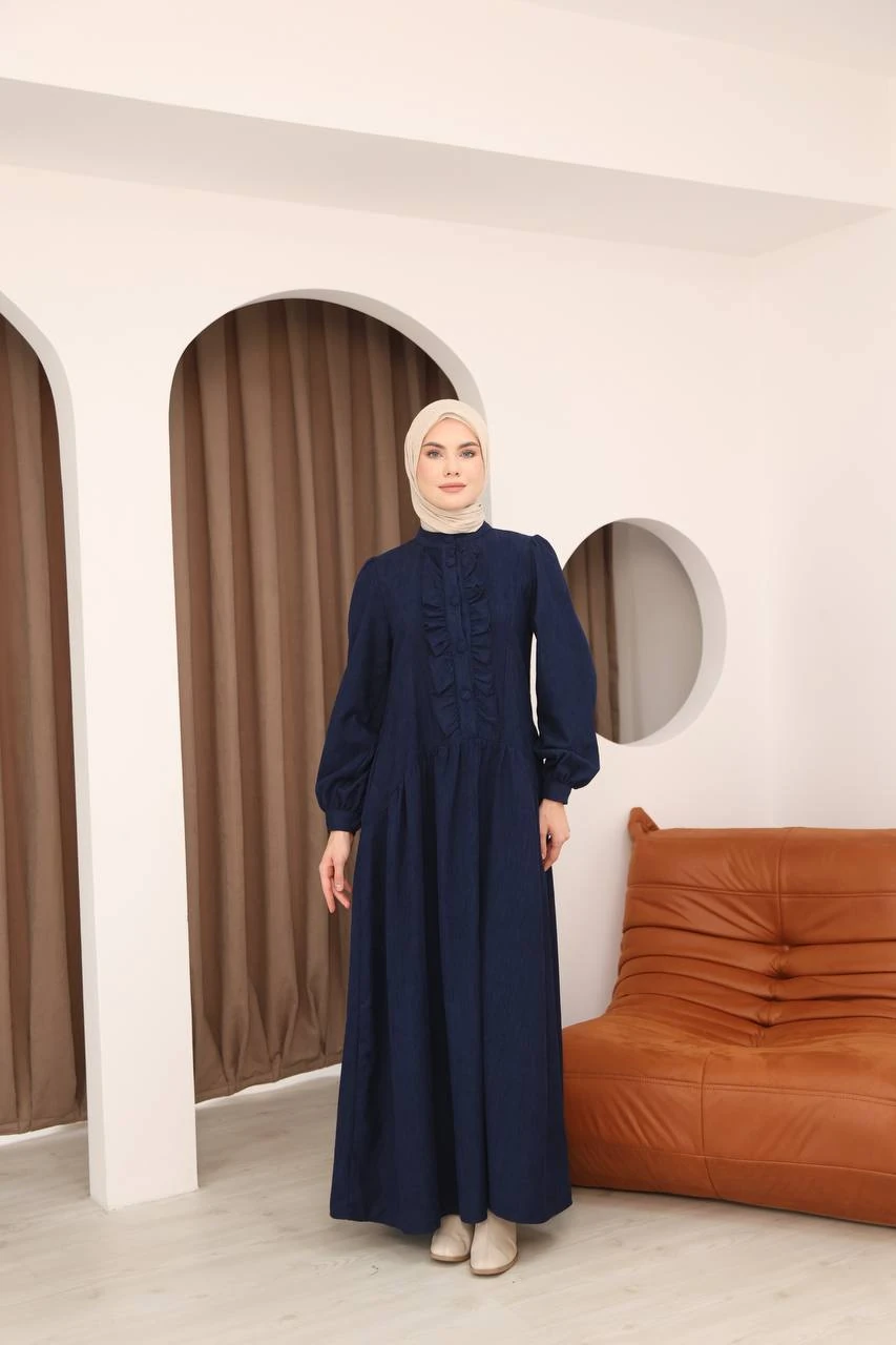 LF5026 Fırfır Detaylı Fitilli Kadife Elbise – 2026 Yeni Sezonun Zarif Dokunuşu