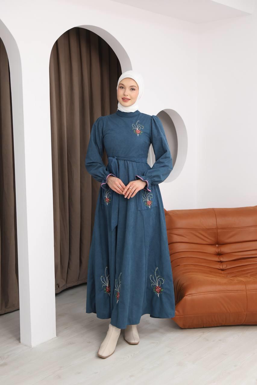 LF5021 Çiçek Nakışlı Star Süet Elbise – Zarif ve Feminen Şıklık