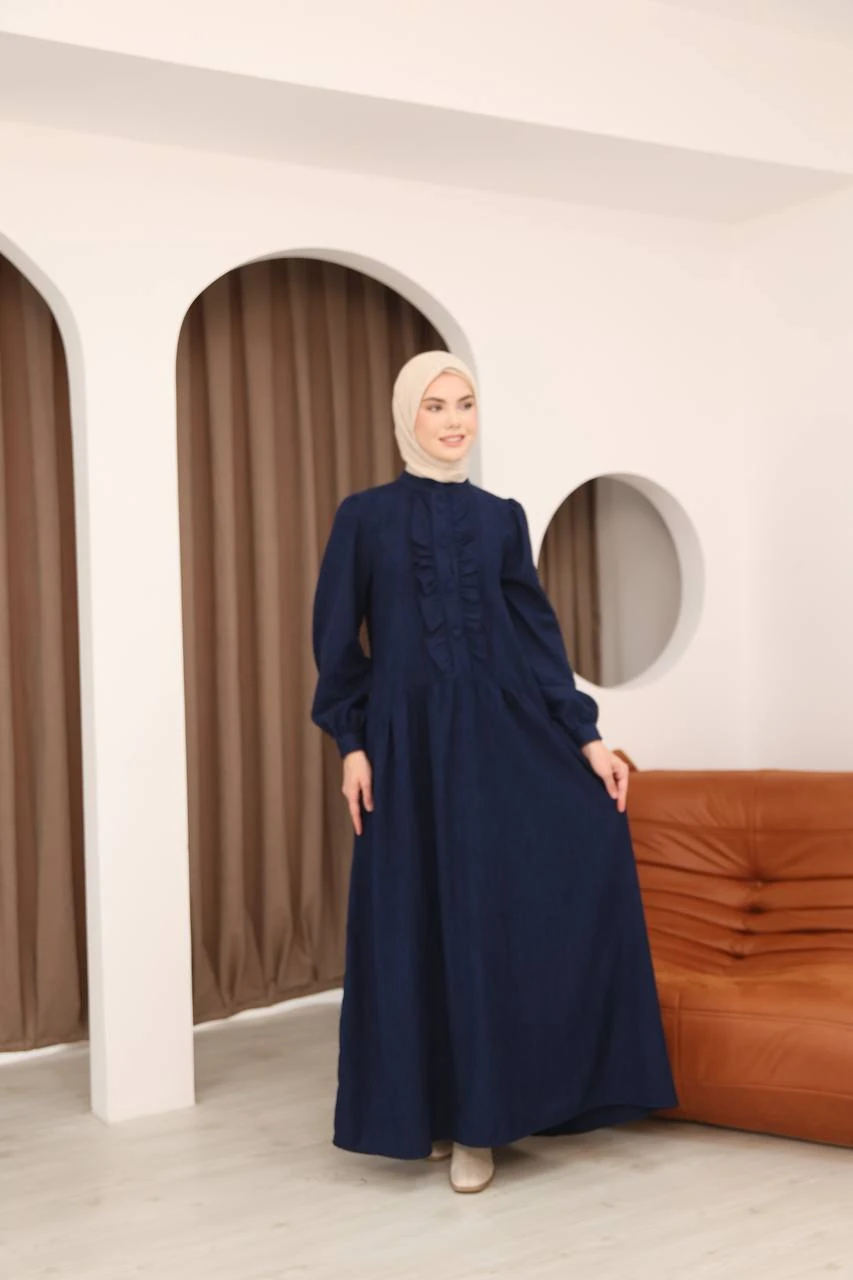 LF5026 Fırfır Detaylı Fitilli Kadife Elbise – 2026 Yeni Sezonun Zarif Dokunuşu