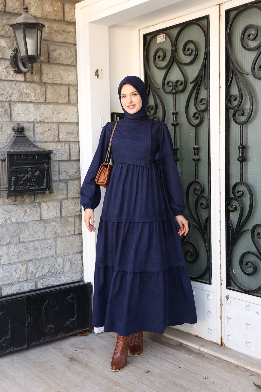 LF5032 Modern Kesim Kuşak Detaylı Tesettür Elbise