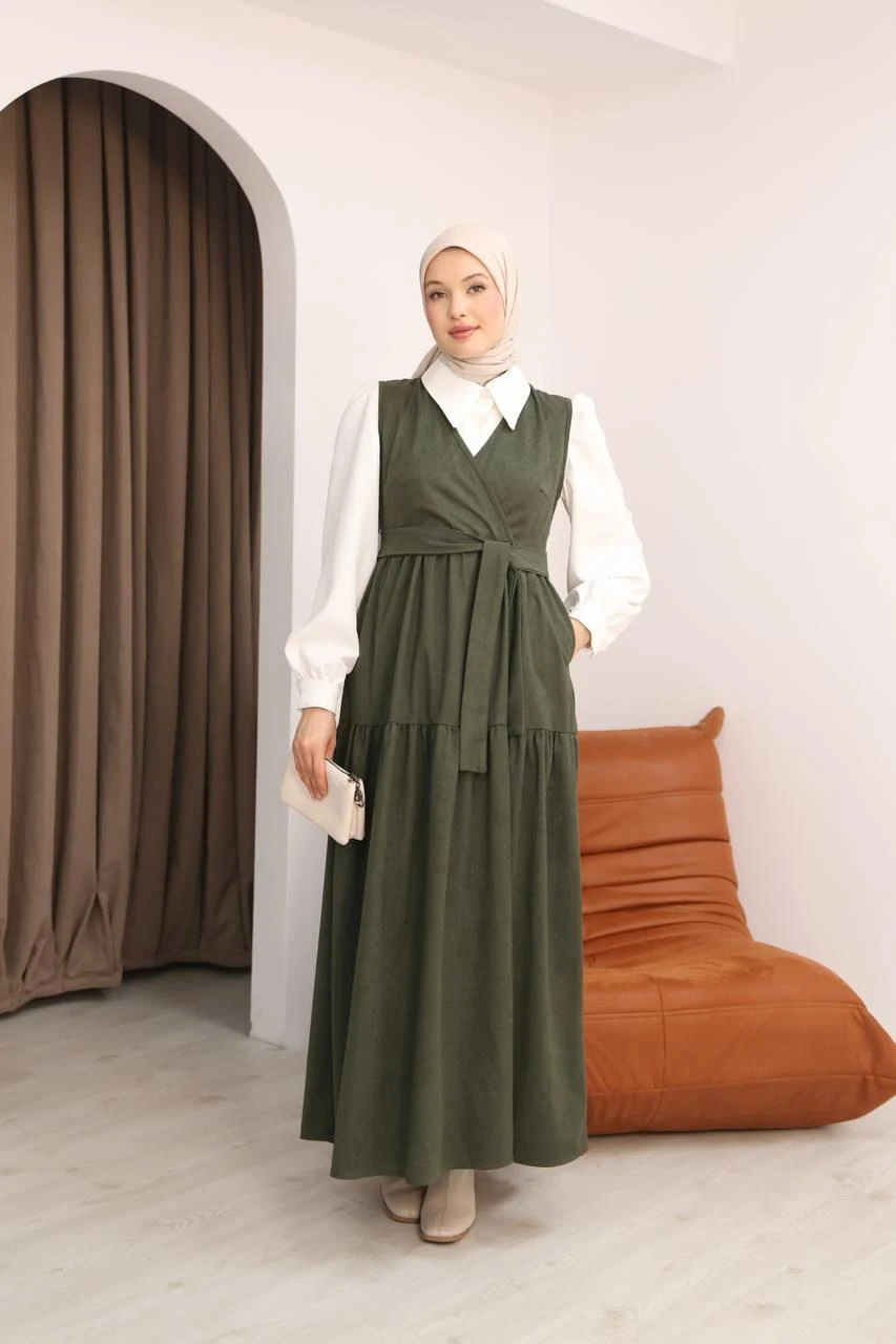 LF5035 Star Süet Gömlek & Elbise Takımı – Kemerli, Cepli, V Yaka Tesettür Kombin