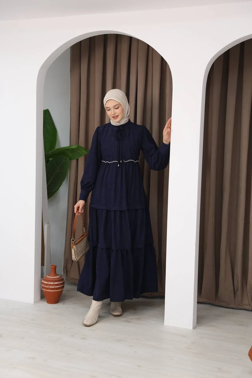 LF5033 Fırfırlı Bağcıklı Star Süet Tesettür Elbise 