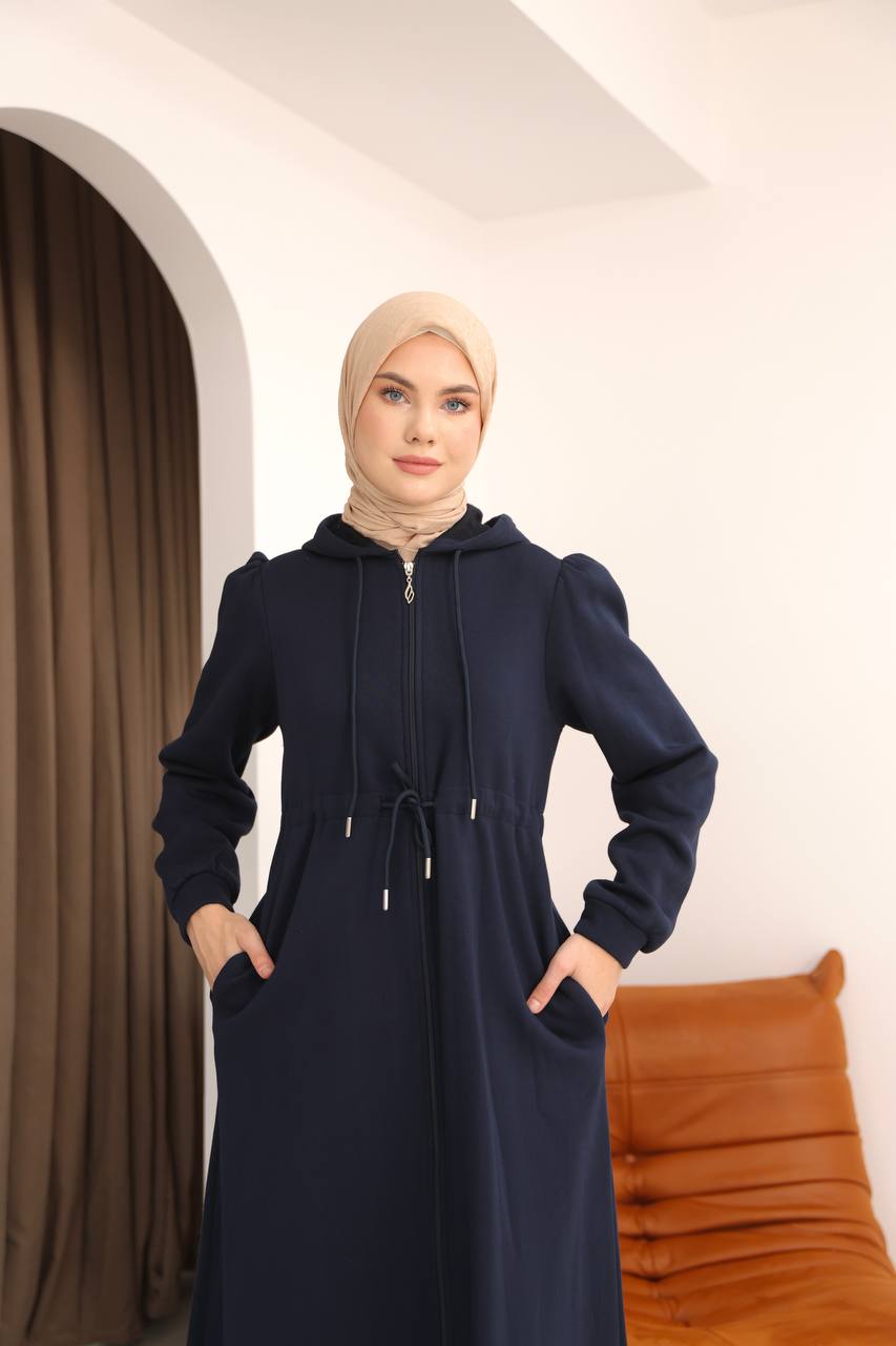 LF5023 Kapitone Görünümlü 3 İplik Hoodie Elbise – Kışın Sıcak ve Şık Tarzı - Lacivert