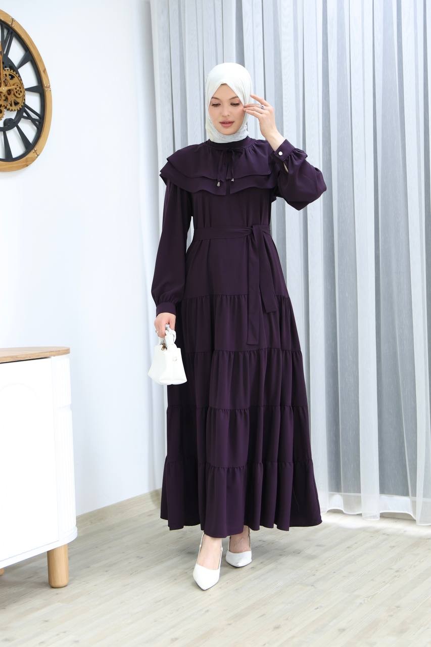 LF2001 Fırfırlı Yakalı Elbise - Mor