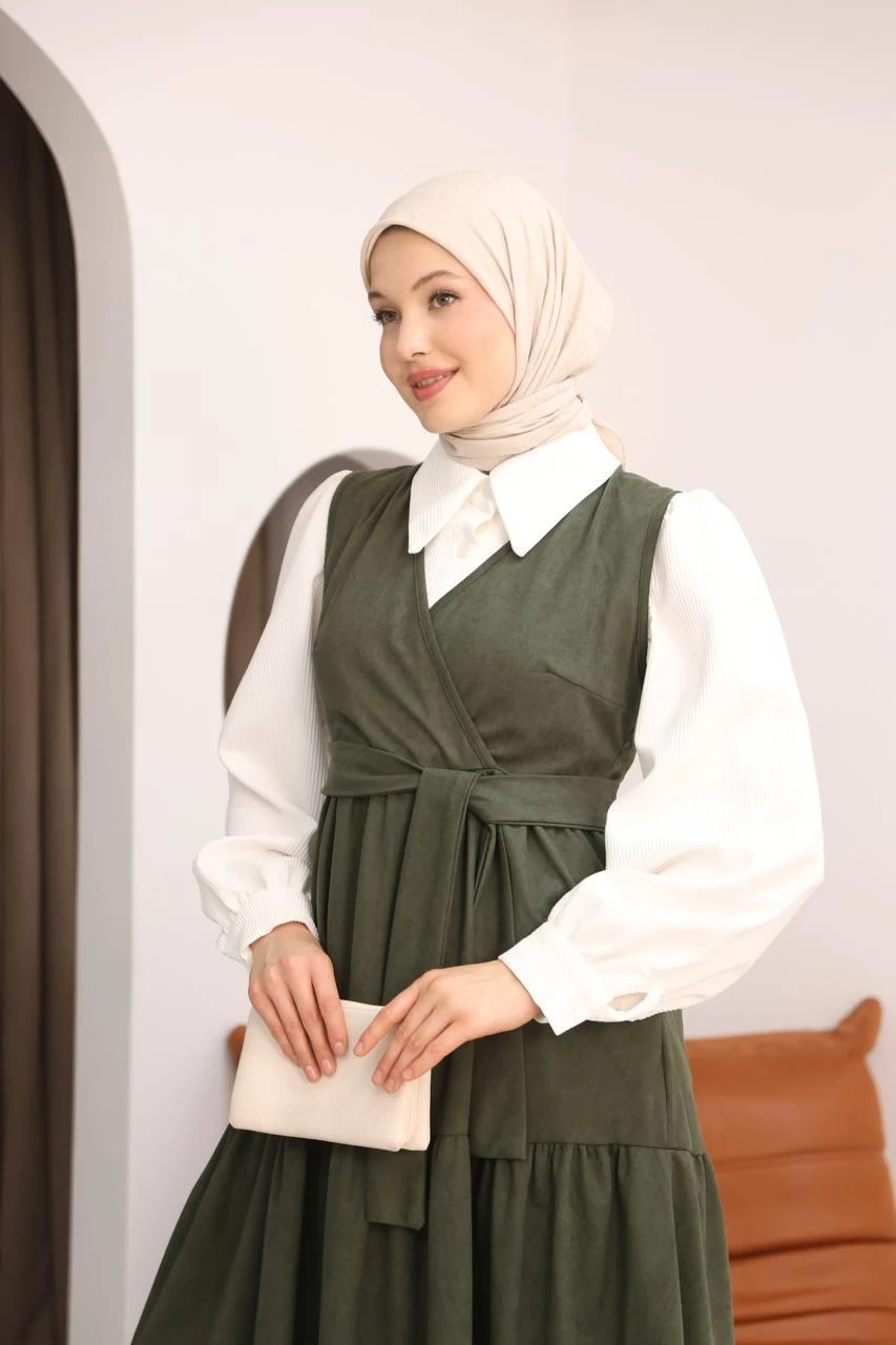 LF5035 Star Süet Gömlek & Elbise Takımı – Kemerli, Cepli, V Yaka Tesettür Kombin - Haki