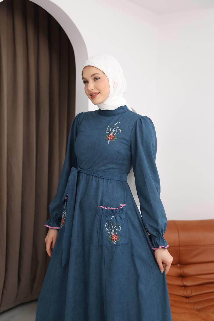 LF5021 Çiçek Nakışlı Star Süet Elbise – Zarif ve Feminen Şıklık