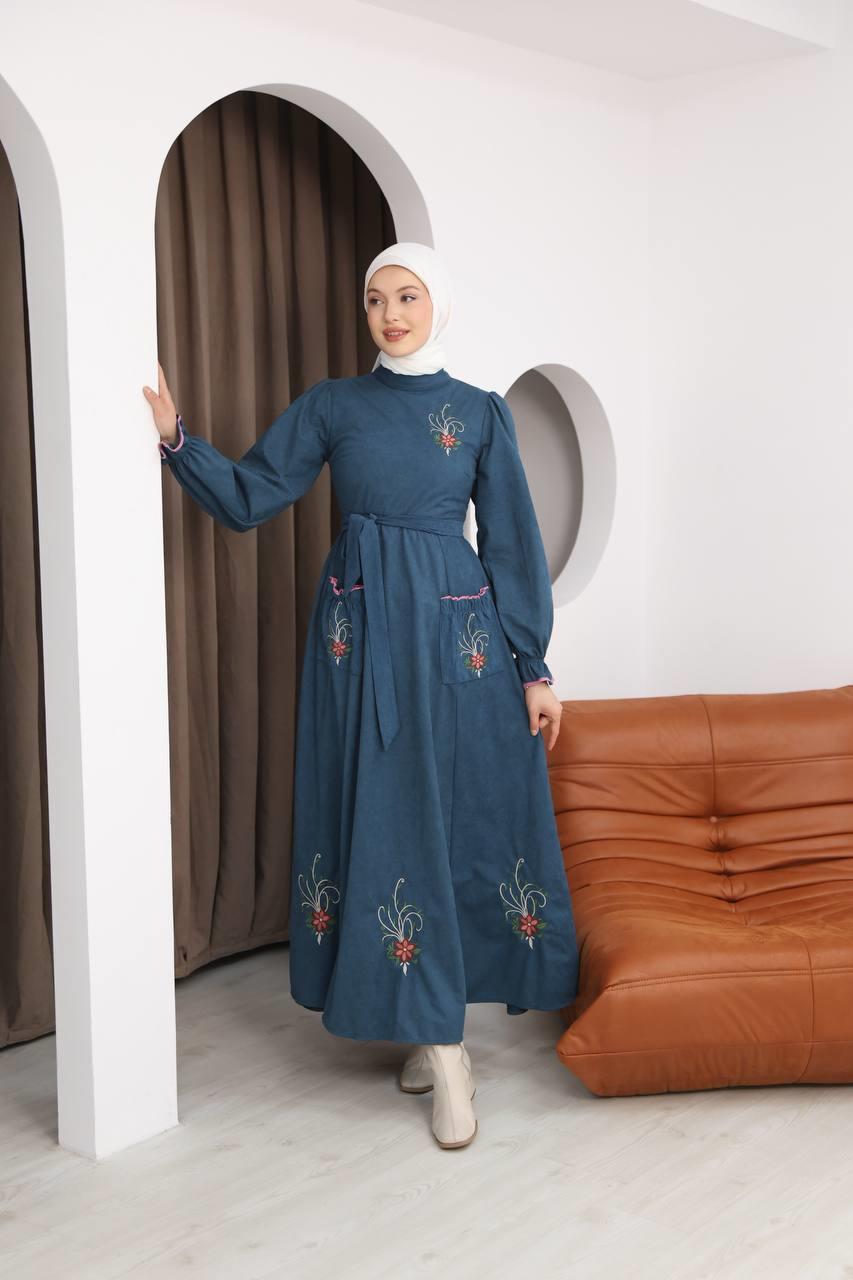 LF5021 Çiçek Nakışlı Star Süet Elbise – Zarif ve Feminen Şıklık