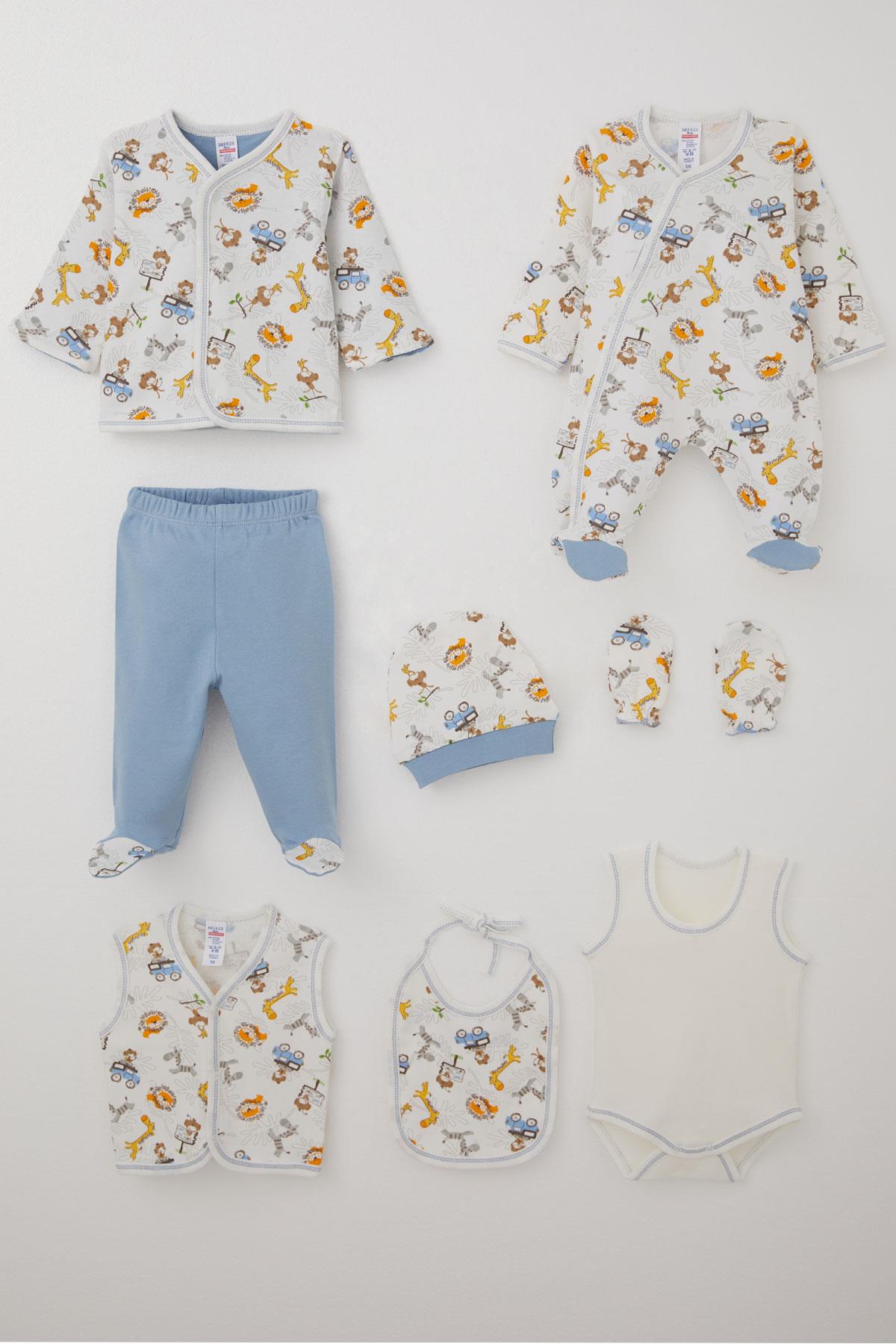 JW1003 JoyWiky Baby Boy Hospital Release 8-Pack Safari Adventure Cute Animal Patterned (0-3 Months) - Ecru