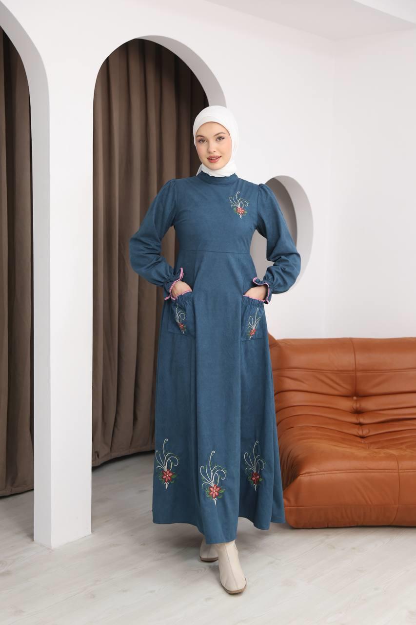 LF5021 Çiçek Nakışlı Star Süet Elbise – Zarif ve Feminen Şıklık