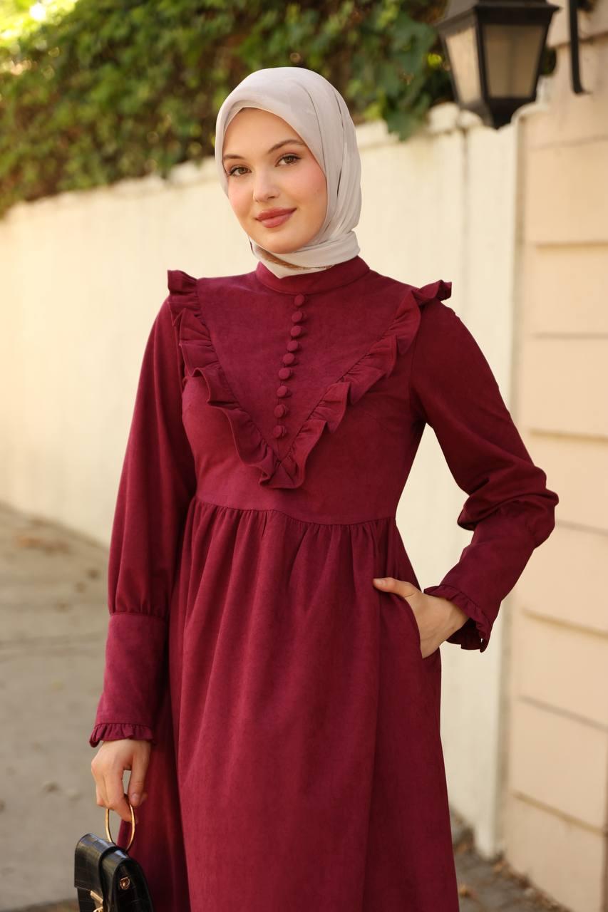 LF5005 Fırfırlı Düğmeli Star Süet Tesettür Elbise – 2026 Yeni Sezonun Zarif ve Modern Şıklığı