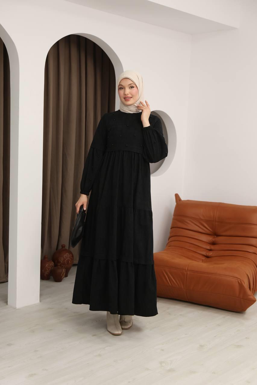 LF5019 Boncuk Detaylı Star Süet Elbise – Zarafet ve Işıltıyı Bir Arada Sunan Tasarım - Siyah