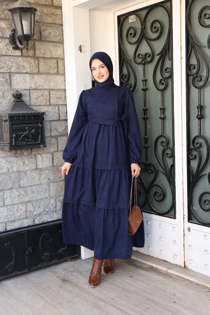 LF5032 Modern Kesim Kuşak Detaylı Tesettür Elbise