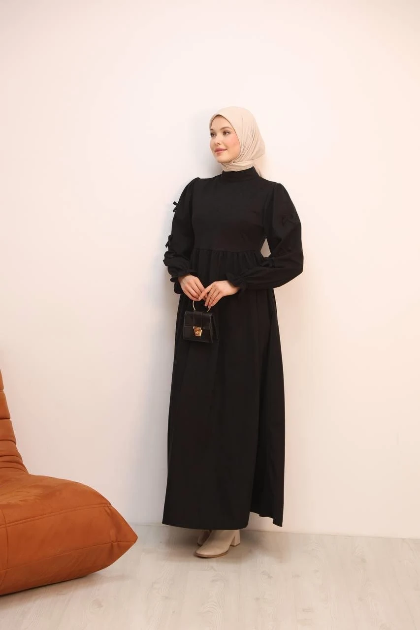 LF5031 Fiyonk Detaylı, Star Süet Kumaşlı, Tam Kalıp Elbise