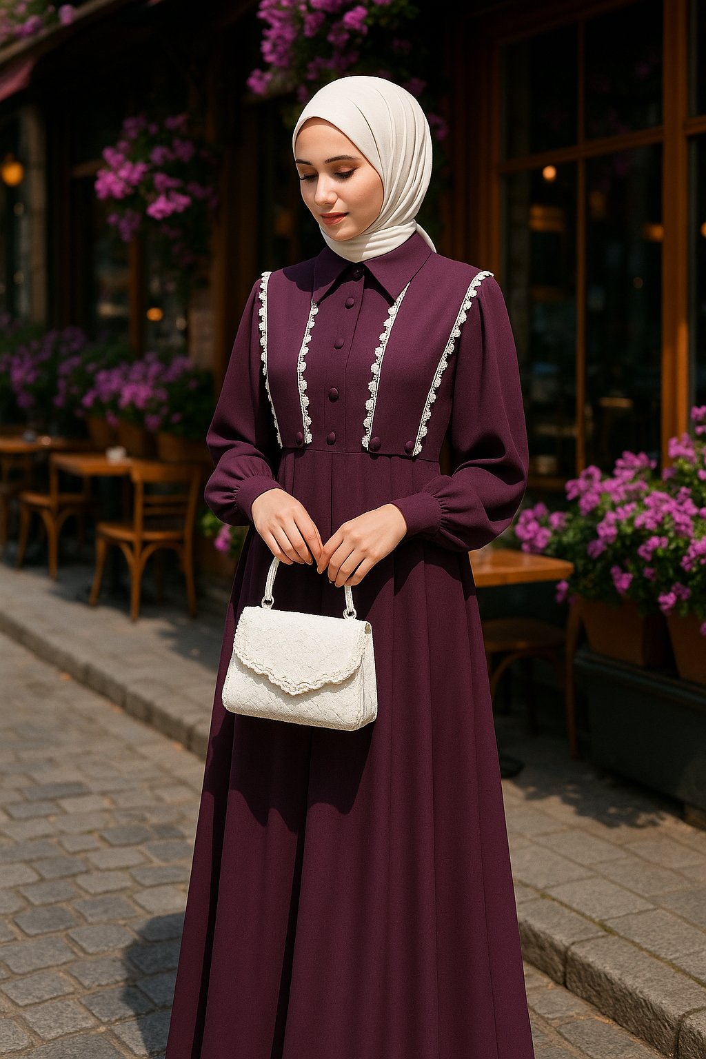 LF2006 Dantel Detaylı Şık Medine İpeği Elbise