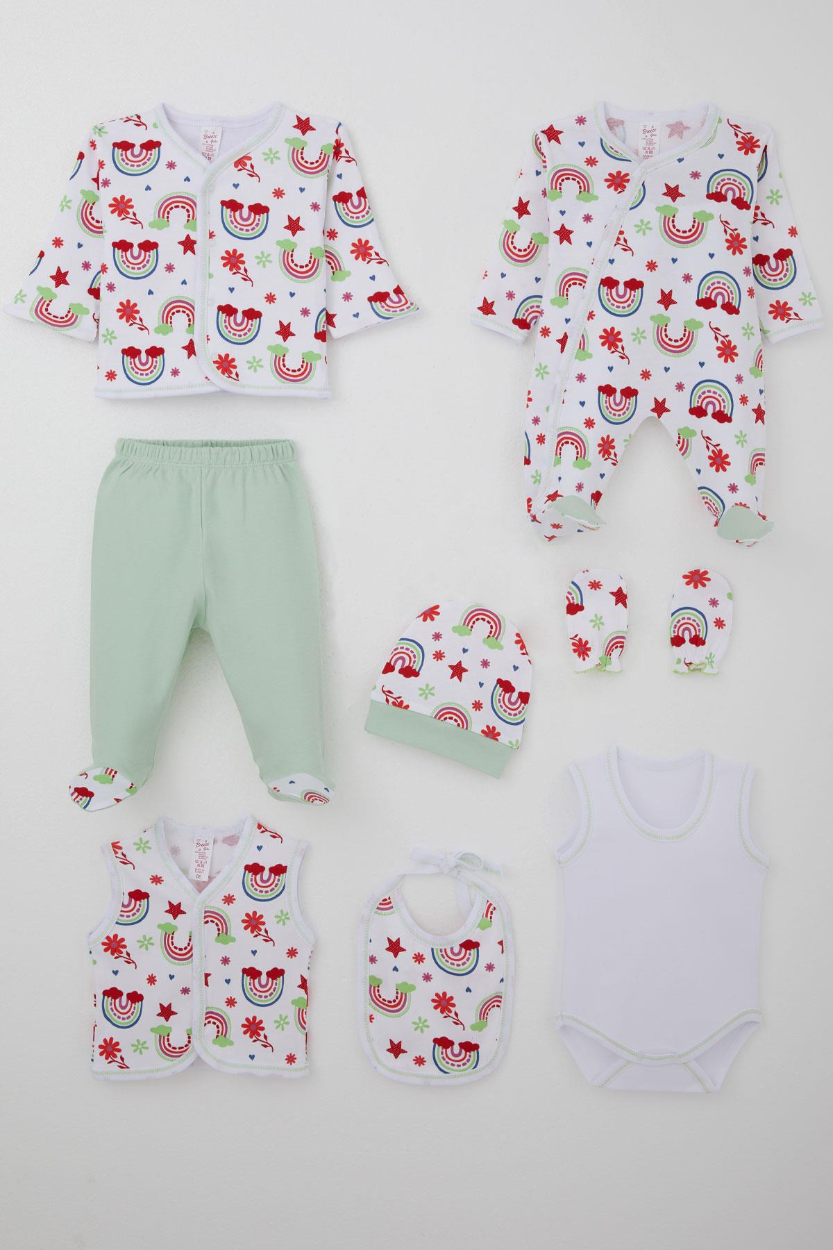 JW1000 Joywiky Baby Girl 100% Cotton Hospital Release Set of 8 Rainbow Tale Flower Patterned White (0-3 Months)