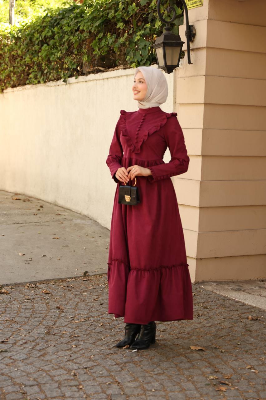 LF5005 Fırfırlı Düğmeli Star Süet Tesettür Elbise – 2026 Yeni Sezonun Zarif ve Modern Şıklığı