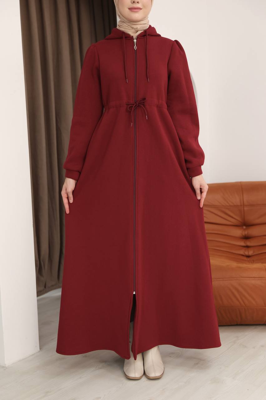 LF5023 Kapitone Görünümlü 3 İplik Hoodie Elbise – Kışın Sıcak ve Şık Tarzı - Kırmızı