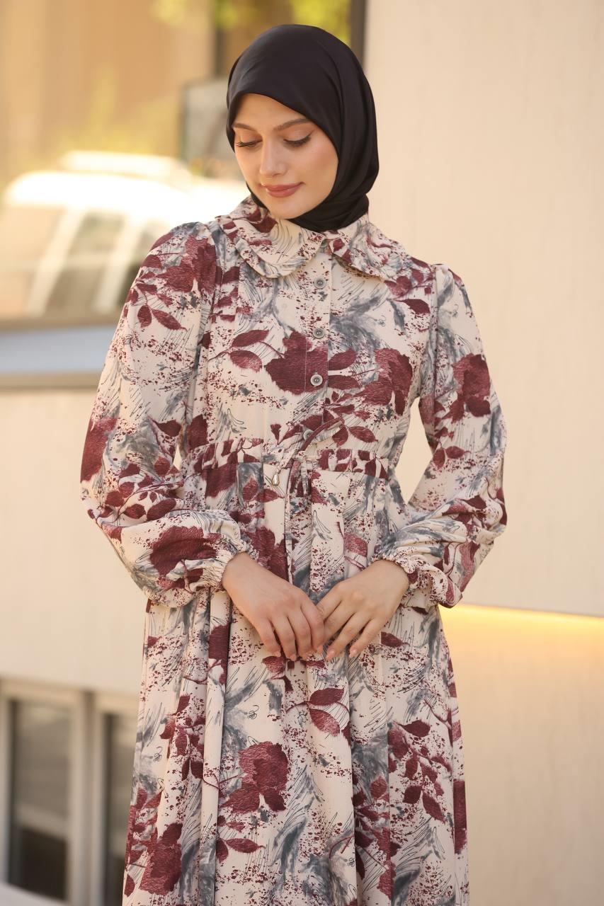 LF2007 Desenli Uzun Elbise – Zarif ve Modern Tasarım - Bordo