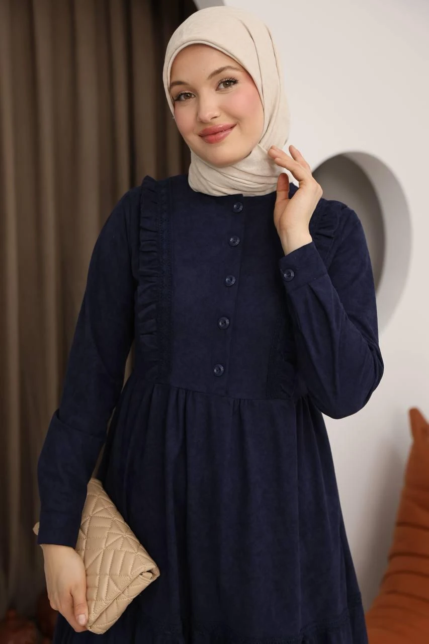 LF5012 Güpürlü Fırfırlı Star Süet Elbise – Özel Günler İçin Zarif Seçim