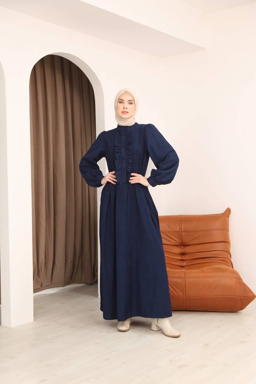 LF5026 Fırfır Detaylı Fitilli Kadife Elbise – 2026 Yeni Sezonun Zarif Dokunuşu