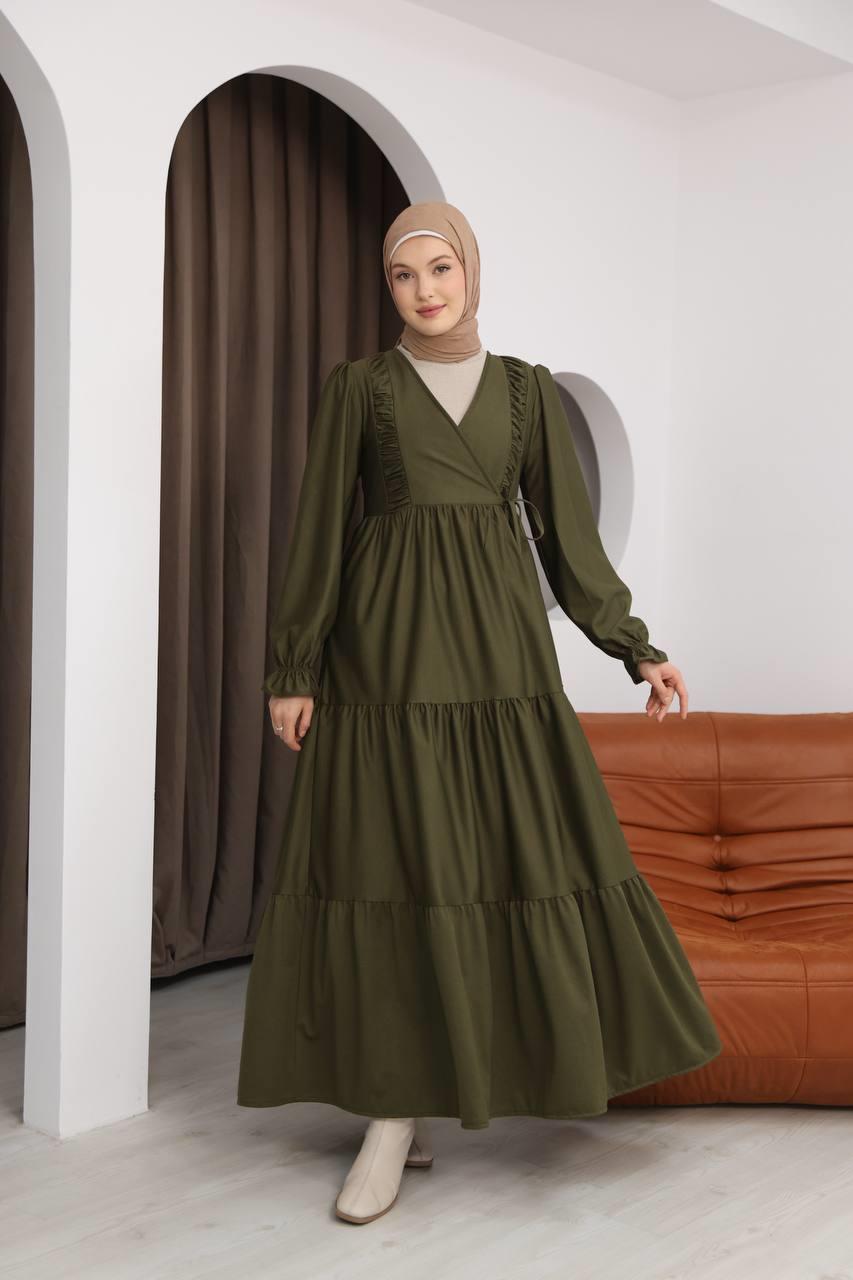 LF5016 Kruvaze Detaylı Kadife Uzun Elbise – Zarif ve Feminen Stil - Haki
