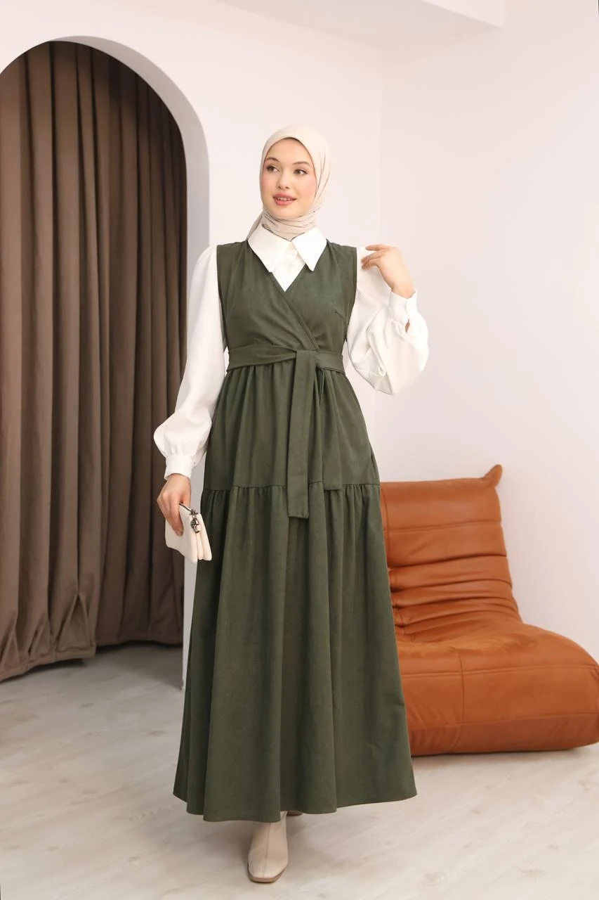 LF5035 Star Süet Gömlek & Elbise Takımı – Kemerli, Cepli, V Yaka Tesettür Kombin