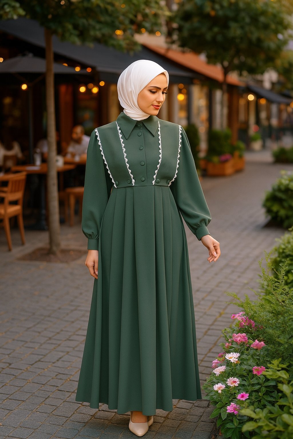 LF2006 Dantel Detaylı Şık Medine İpeği Elbise