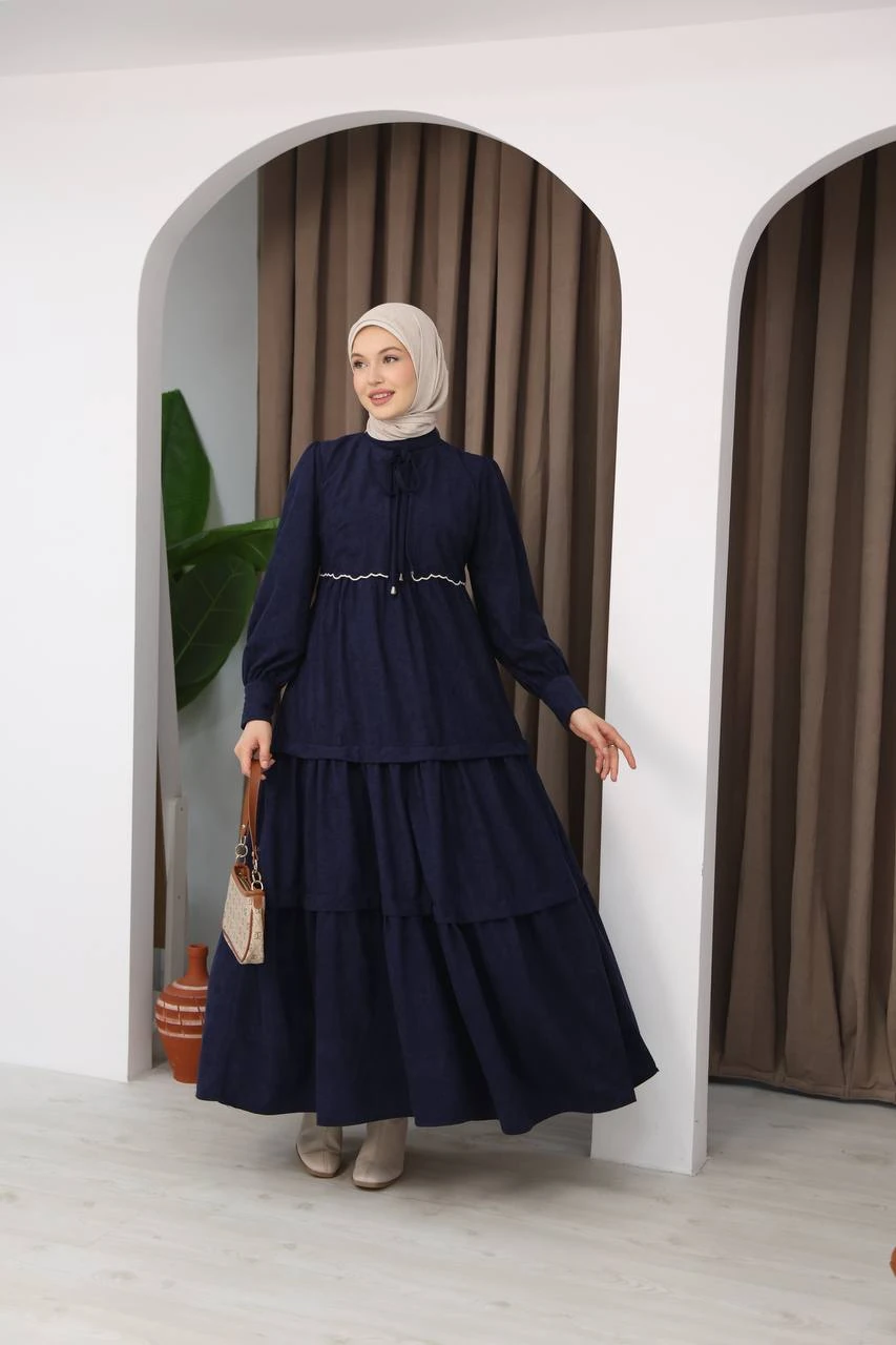 LF5033 Fırfırlı Bağcıklı Star Süet Tesettür Elbise 