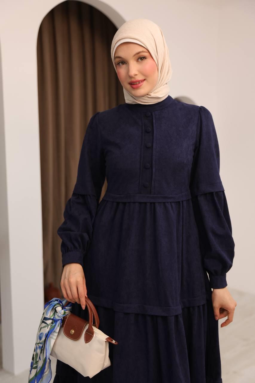 LF5018 Kat Etekli Star Süet Elbise – Zarif ve Feminen Tasarım - Lacivert