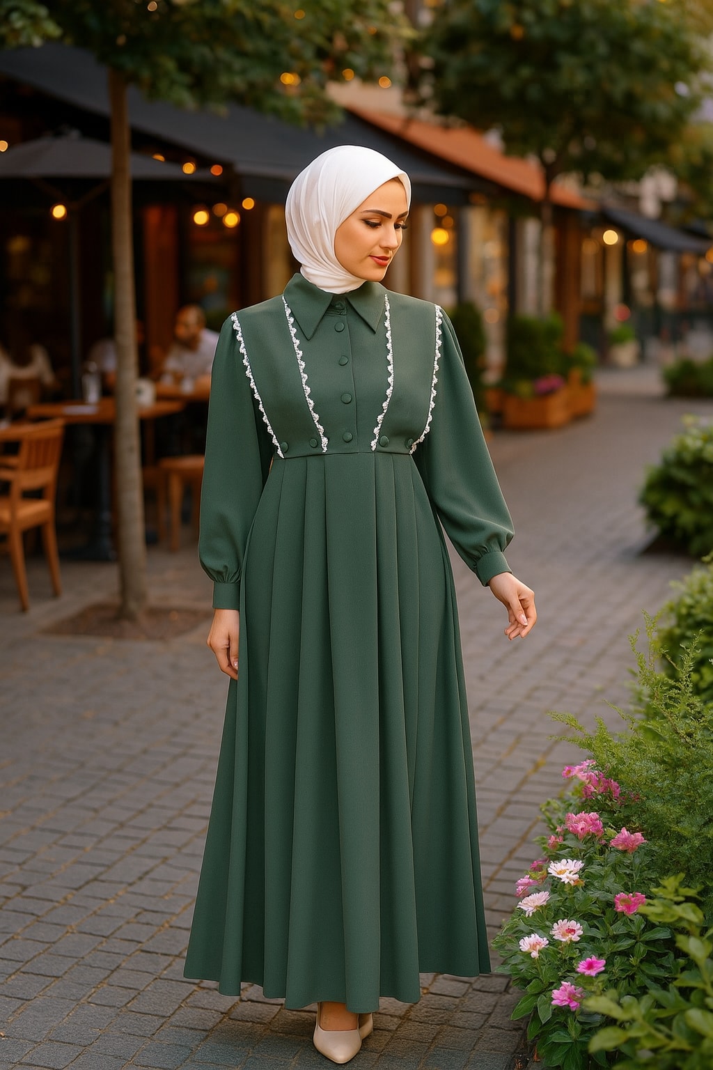 LF2006 Dantel Detaylı Şık Medine İpeği Elbise - Haki Yeşili