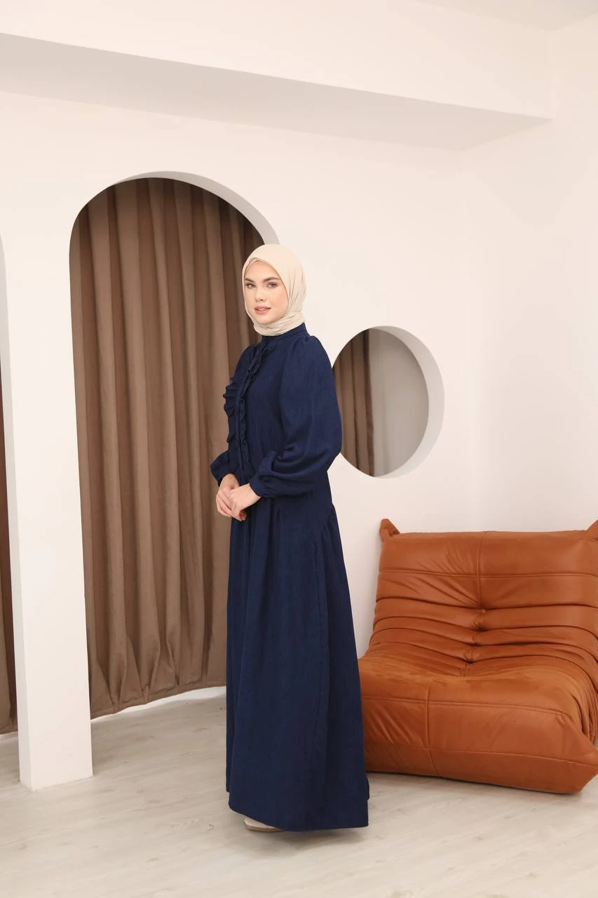 LF5026 Fırfır Detaylı Fitilli Kadife Elbise – 2026 Yeni Sezonun Zarif Dokunuşu