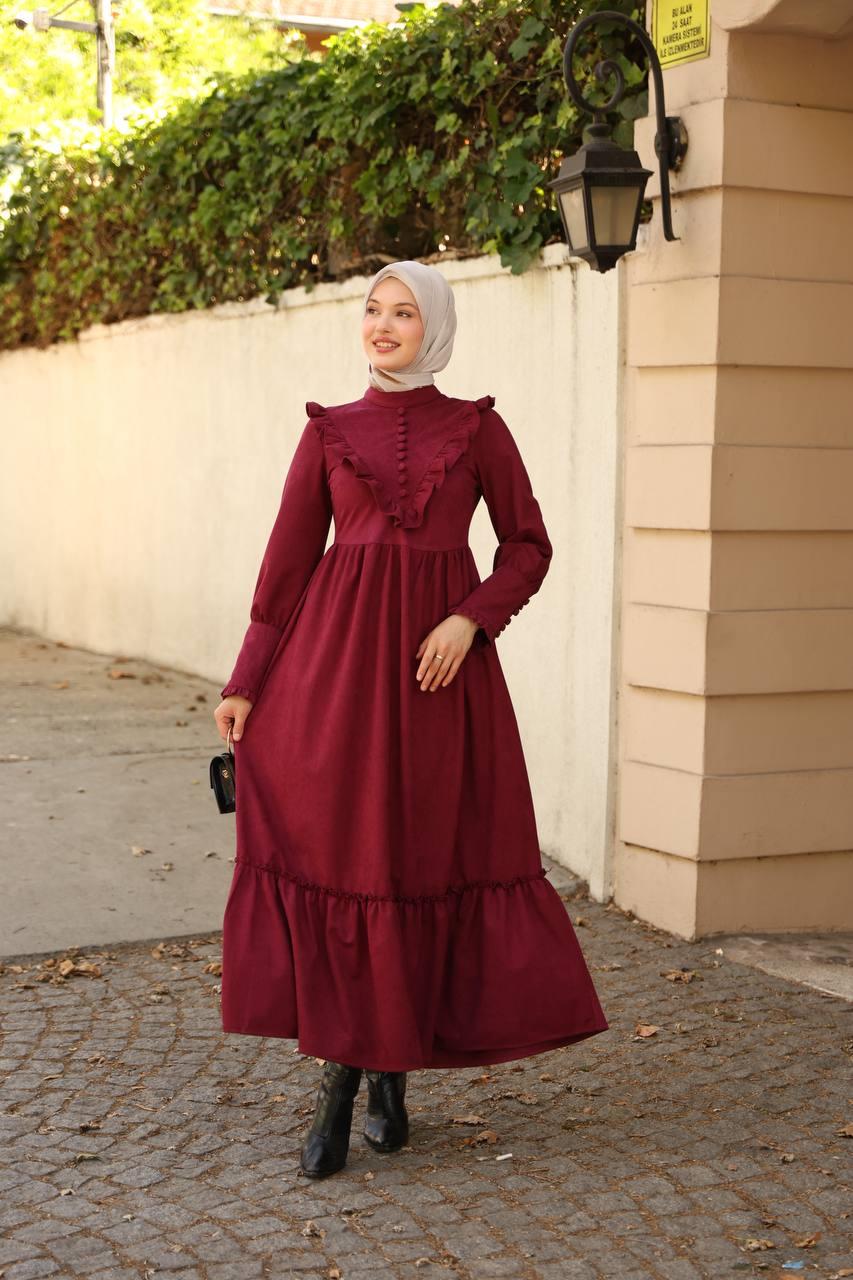 LF5005 Fırfırlı Düğmeli Star Süet Tesettür Elbise – 2026 Yeni Sezonun Zarif ve Modern Şıklığı