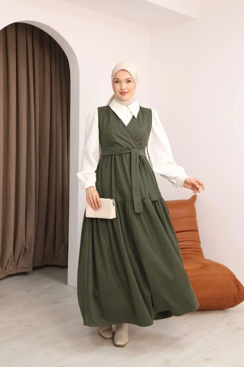 LF5035 Star Süet Gömlek & Elbise Takımı – Kemerli, Cepli, V Yaka Tesettür Kombin