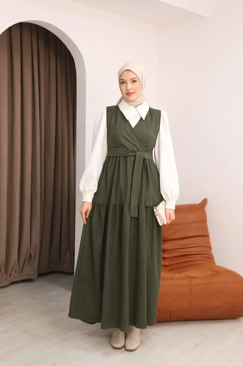 LF5035 Star Süet Gömlek & Elbise Takımı – Kemerli, Cepli, V Yaka Tesettür Kombin