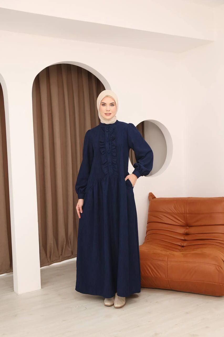 LF5026 Fırfır Detaylı Fitilli Kadife Elbise – 2026 Yeni Sezonun Zarif Dokunuşu