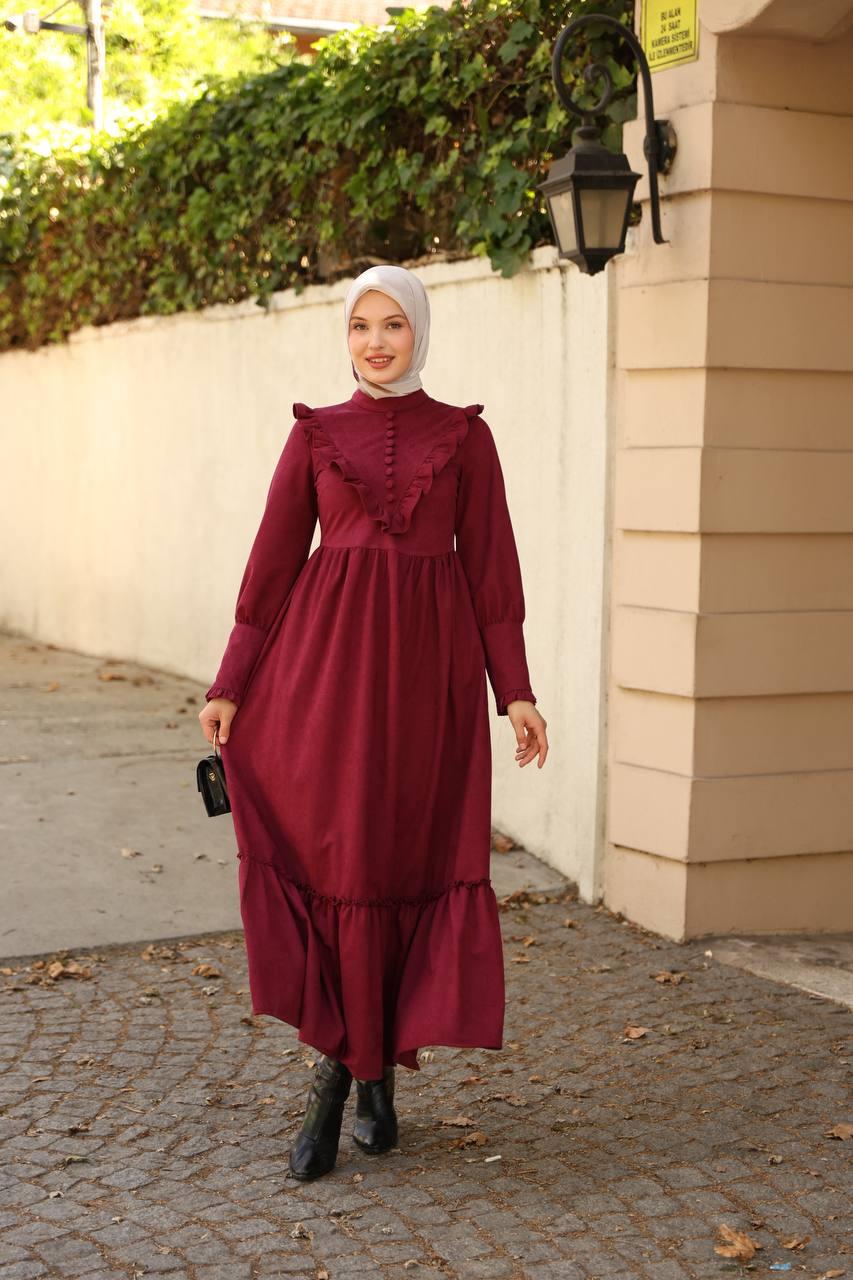 LF5005 Fırfırlı Düğmeli Star Süet Tesettür Elbise – 2026 Yeni Sezonun Zarif ve Modern Şıklığı