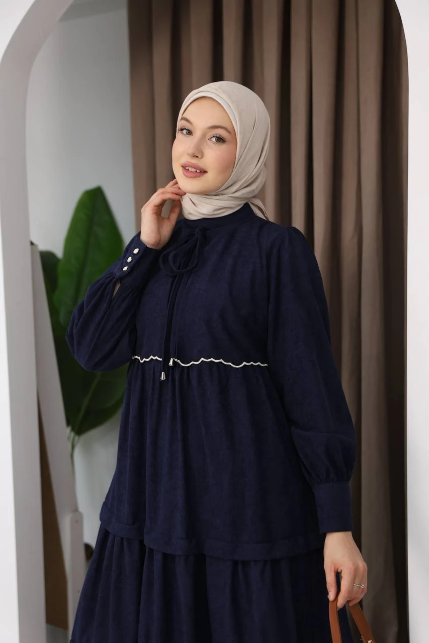 LF5033 Fırfırlı Bağcıklı Star Süet Tesettür Elbise 