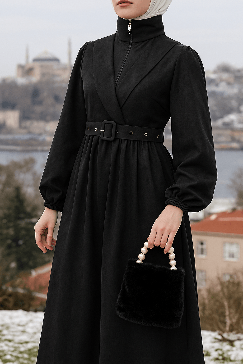 LF5024 Kruvaze Yaka Kemerli Star Süet Elbise – 2026 Yeni Sezonun Zarif Dokunuşu - Siyah