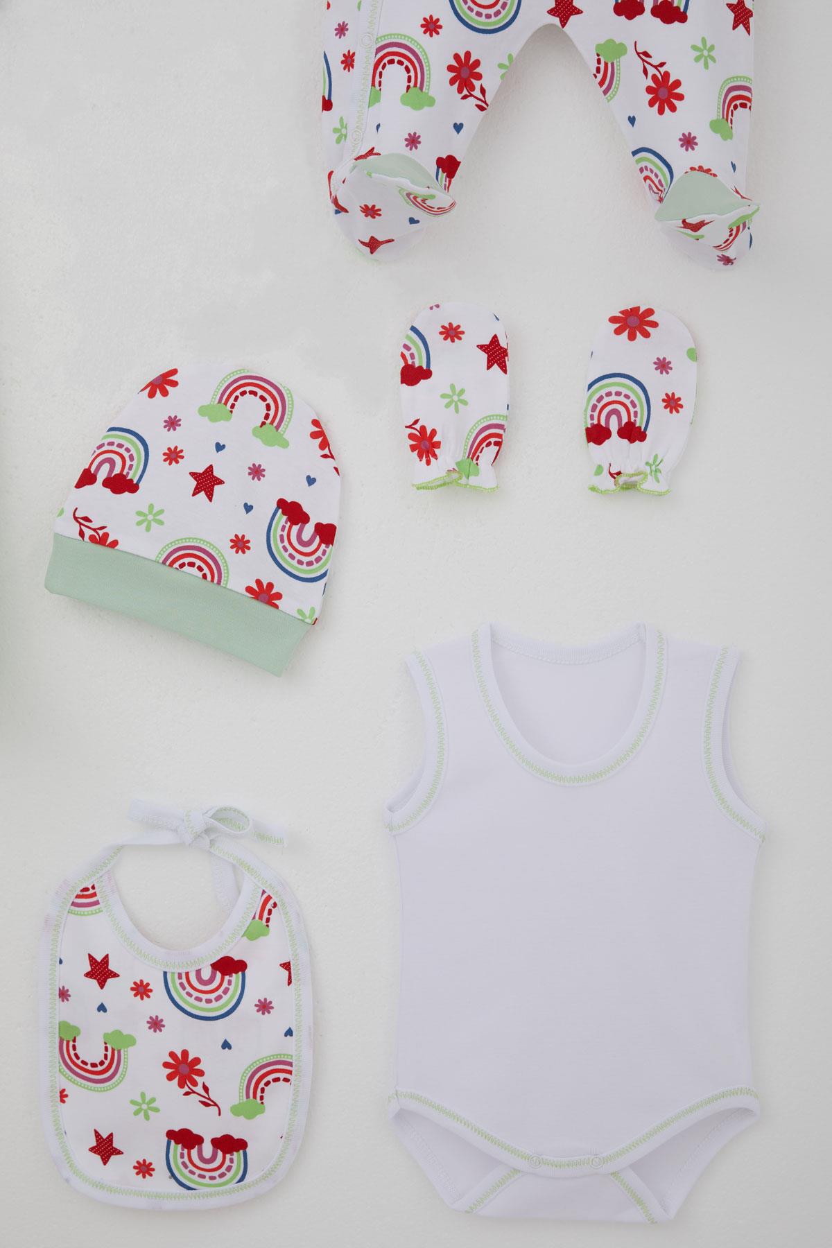 JW1000 Joywiky Baby Girl 100% Cotton Hospital Release Set of 8 Rainbow Tale Flower Patterned White (0-3 Months)