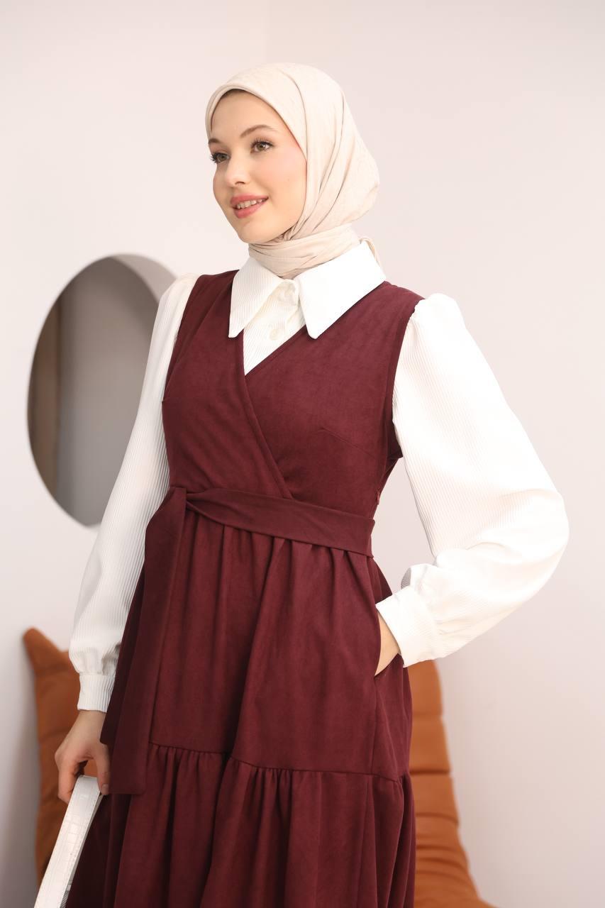 LF5035 Star Süet Gömlek & Elbise Takımı – Kemerli, Cepli, V Yaka Tesettür Kombin - Bordo