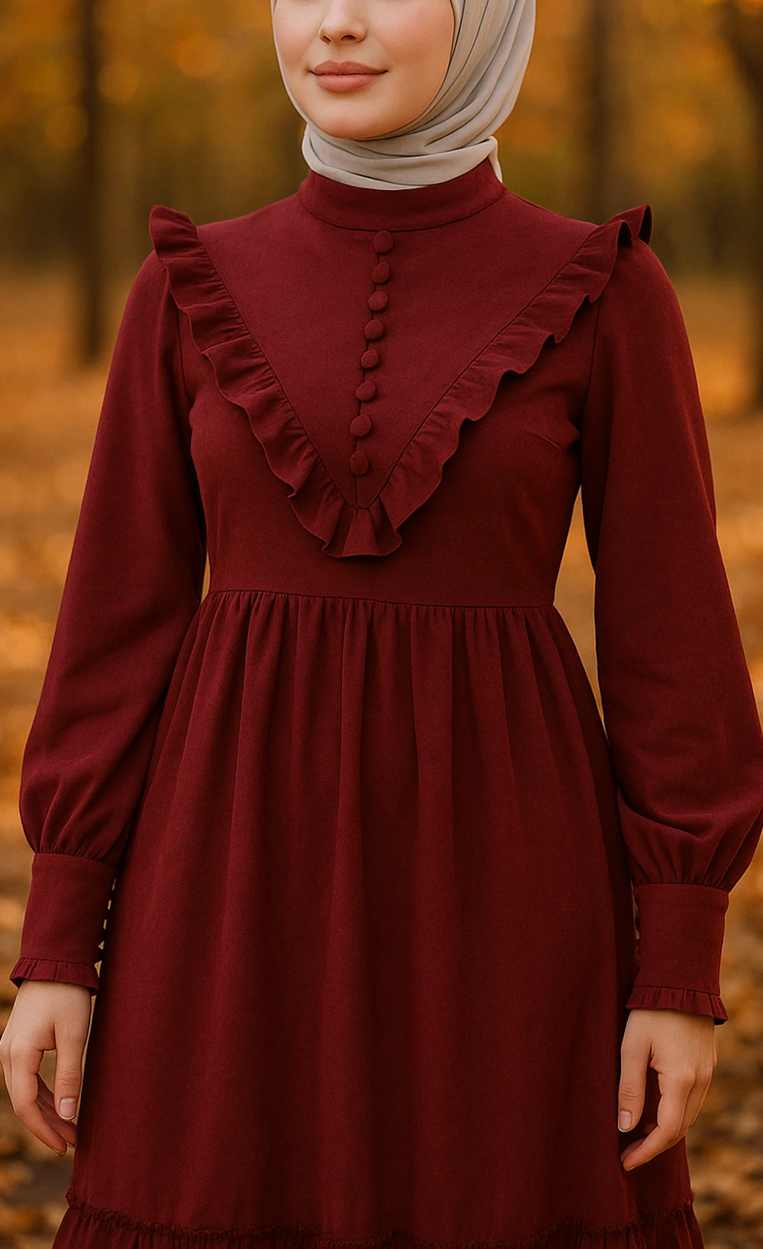 LF5005 Fırfırlı Düğmeli Star Süet Tesettür Elbise – 2026 Yeni Sezonun Zarif ve Modern Şıklığı