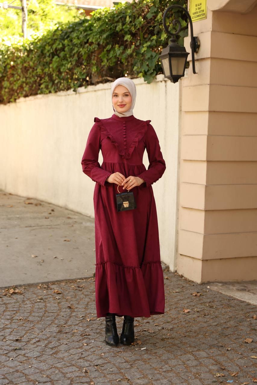 LF5005 Fırfırlı Düğmeli Star Süet Tesettür Elbise – 2026 Yeni Sezonun Zarif ve Modern Şıklığı