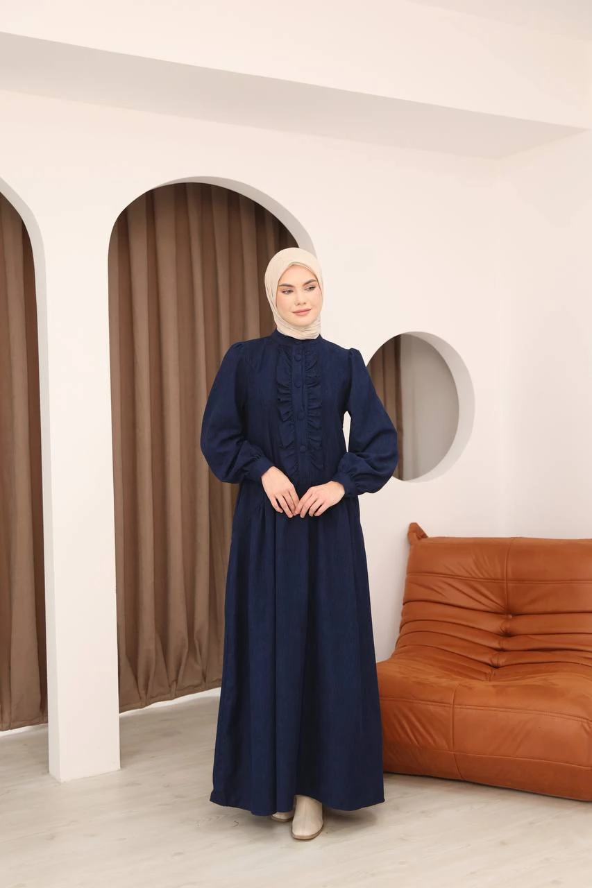 LF5026 Fırfır Detaylı Fitilli Kadife Elbise – 2026 Yeni Sezonun Zarif Dokunuşu