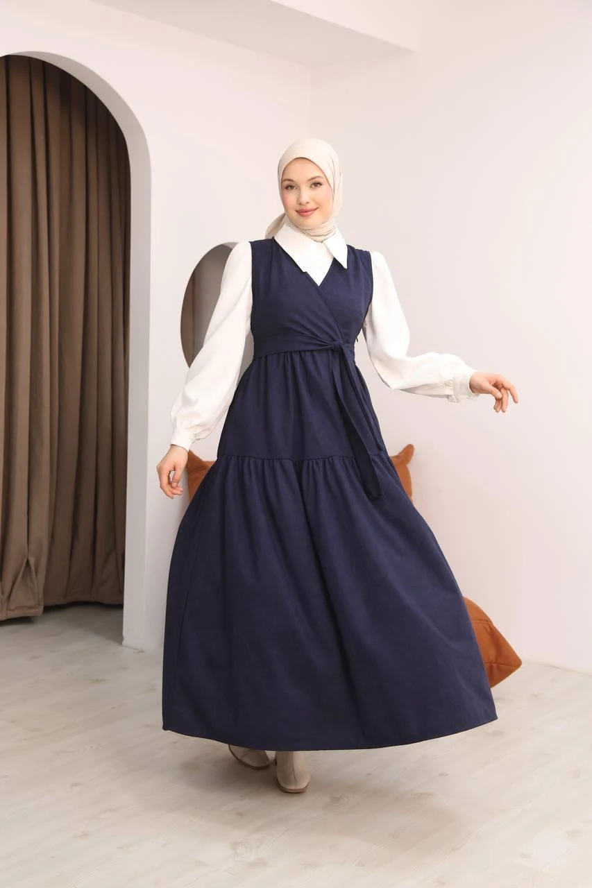 LF5035 Star Süet Gömlek & Elbise Takımı – Kemerli, Cepli, V Yaka Tesettür Kombin - Lacivert