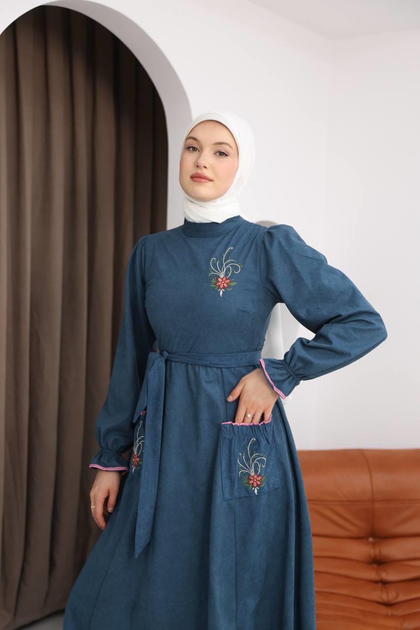LF5021 Çiçek Nakışlı Star Süet Elbise – Zarif ve Feminen Şıklık
