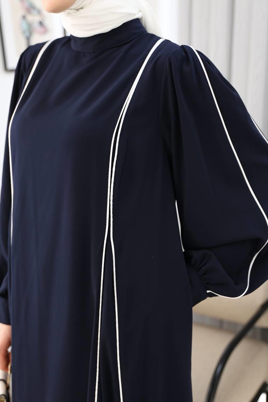 LF2004 Medine Silk Maxi Dress with Pleated Design – Elegant & Comfortable Modest Wear - Navy Blue